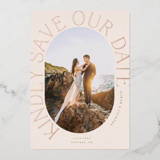 Ovale foto met folie Bewaar de datum gebogen Folie Uitnodiging (Voorkant)