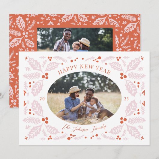 Ovale foto met vintage hulstbessen | Helder rood r Feestdagenkaart (Voorkant / Achterkant)