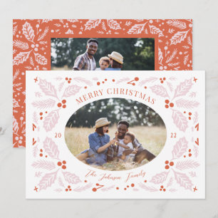 Ovale foto met vintage hulstbessen Helder roze r Feestdagenkaart