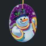 Ovale kerstboom decoratie Snowman & tinsel.<br><div class="desc">Ovale vorm paarse kerstboom decoratie Snowman en klatergoud. Paars. Deze vrolijke sneeuwman staat op het punt zijn boom te versieren met kleurrijk klatergoud. Bekijk de andere personages in deze zelfde serie,  Santa en Polar Beer en Rudolph.</div>