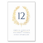 Ovale krans blad goud op wit blauwe tekst bruiloft kaart (Achterkant)