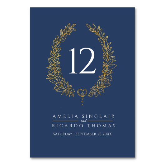 Ovale krans blad goud wit donkerblauw bruiloft kaart (Voorkant)