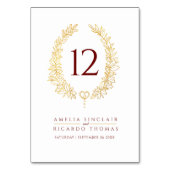 Ovale krans blad goud wit donkerrode tekst bruilof kaart (Achterkant)