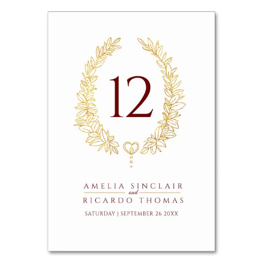 Ovale krans blad goud wit donkerrode tekst bruilof kaart (Voorkant)