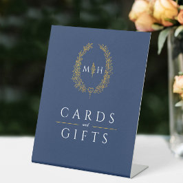 Ovale krans blauw goud trouwkaarten en geschenken reclamebord met voetstuk