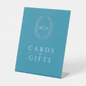 Ovale krans blauwgroen zilveren trouwkaarten en ge reclamebord met voetstuk (Voorkant)