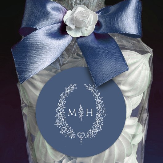 Ovale krans bruiloft monogram blauw wit ronde sticker