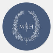 Ovale krans bruiloft monogram blauw wit ronde sticker (Voorkant)