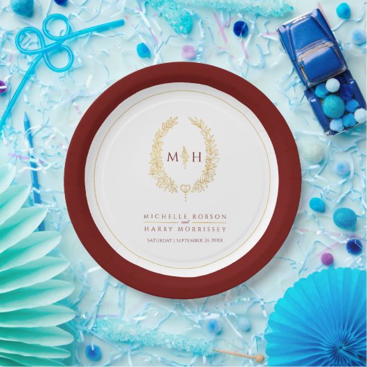Ovale kunst verlaat gouden rode monogram bruiloft papieren bordje (Feest)