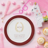 Ovale kunst verlaat gouden rode monogram bruiloft papieren bordje (Feest)