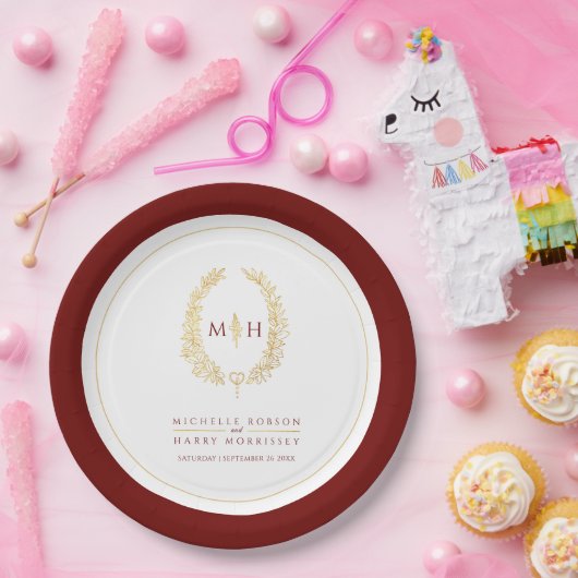 Ovale kunst verlaat gouden rode monogram bruiloft papieren bordje (Feest)