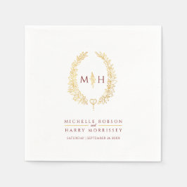 Ovale kunst verlaat gouden rode monogram bruiloft servet