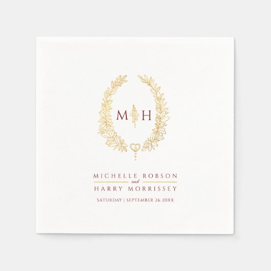 Ovale kunst verlaat gouden rode monogram bruiloft servet (Voorkant)