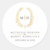 Ovale kunst verlaat gouden zwarte monogram bruilof ronde sticker (Voorkant)