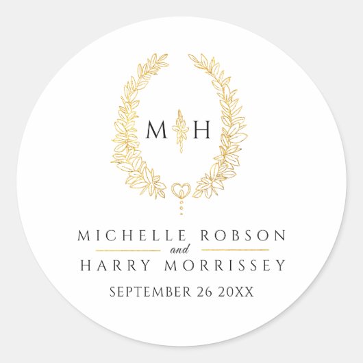 Ovale kunst verlaat gouden zwarte monogram bruilof ronde sticker (Voorkant)