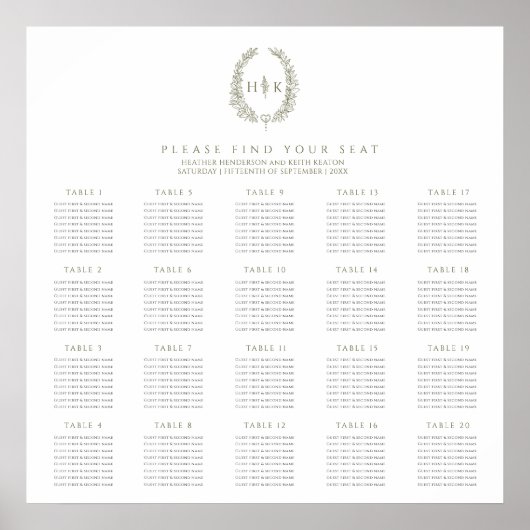 Ovale olijfgroene witte 20 bruiloft tafels plan poster (Voorkant)