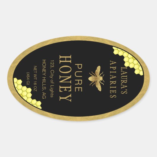 Ovale Queenline Honing Jar Bee Apiary Goud  Ovale Sticker (Voorkant)