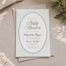 Ovale saliegroene gestreepte babyshower uitnodigin