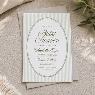 Ovale saliegroene gestreepte babyshower uitnodigin kaart
