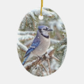 Ovale sierbloem met blauw Jay in sneeuw Keramisch Ornament (Voorkant)