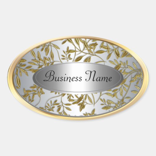 Ovale sticker label zwart zilver goud bloem (Voorkant)