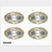 Ovale sticker label zwart zilver goud bloem (Vel)