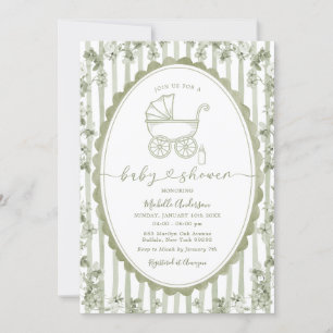 Ovale Stripes Toile Floral Baby shower Sage Green Kaart