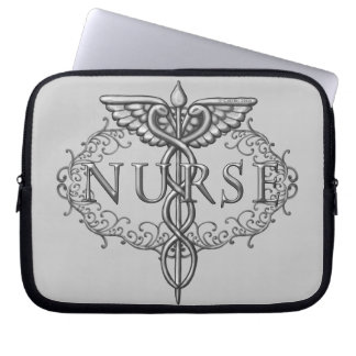 Ovale zilveren caduceus verpleegkundige laptop sleeve
