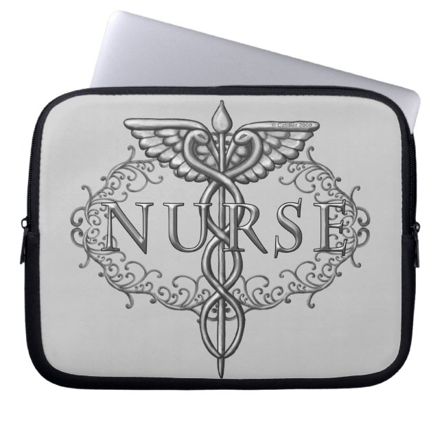 Ovale zilveren caduceus verpleegkundige laptop sleeve (Voorkant)