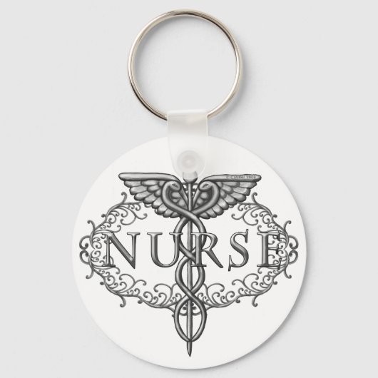 Ovale zilveren caduceus verpleegkundige sleutelhanger (Voorkant)