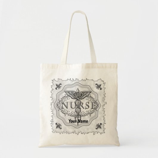 Ovale zilveren caduceus verpleegkundige tote bag (Voorkant)