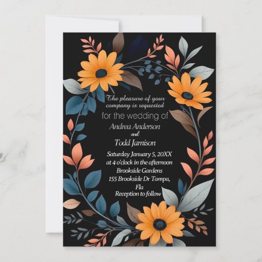 Ovale zonnebloem krans bruiloft kaart (Voorkant)