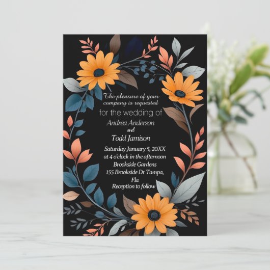 Ovale zonnebloem krans bruiloft kaart (Staand voorkant)