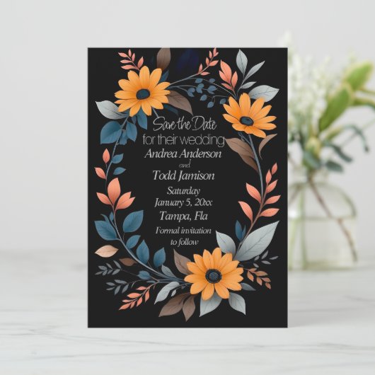 Ovale zonnebloem krans bruiloft save the date (Staand voorkant)