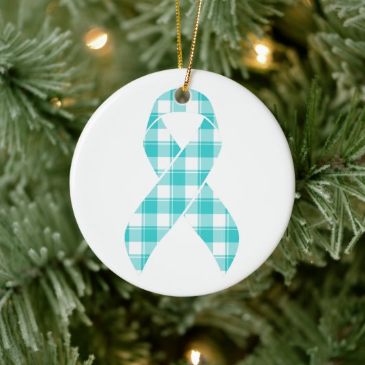 Ovarian Cancer Awareness Plaid Teal Ribbon Keramisch Ornament (Boom)