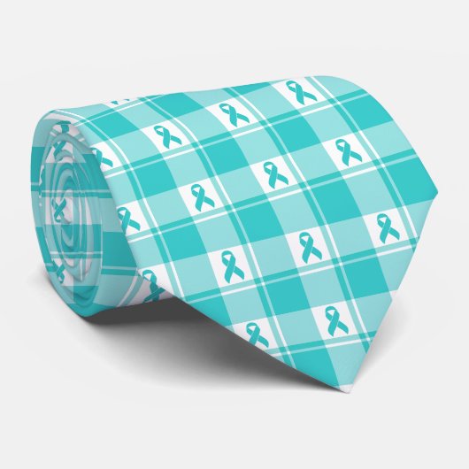 Ovarian Cancer Awareness Plaid Teal Ribbon Stropdas (Opgerold)