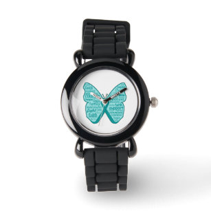 Ovarian Cancer Butterfly Collage of Words Horloge