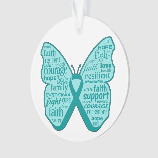 Ovarian Cancer Butterfly Collage of Words Ornament (voorkant)
