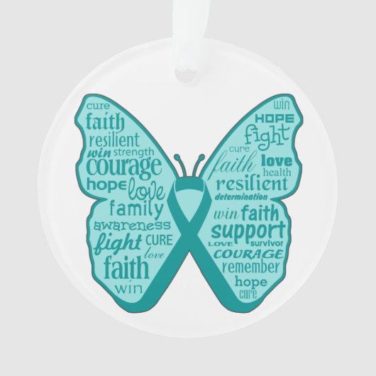 Ovarian Cancer Butterfly Collage of Words Ornament (voorkant)