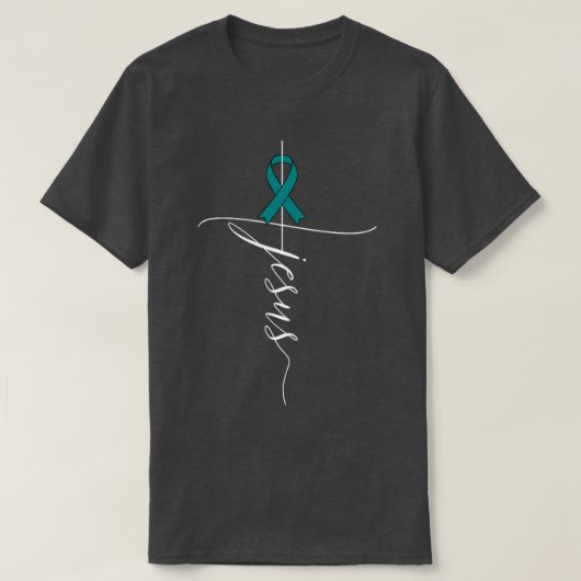 Ovariumkanker Bewustheid Jezus Blauwgroen Ribbon G T-shirt (Design voorkant)