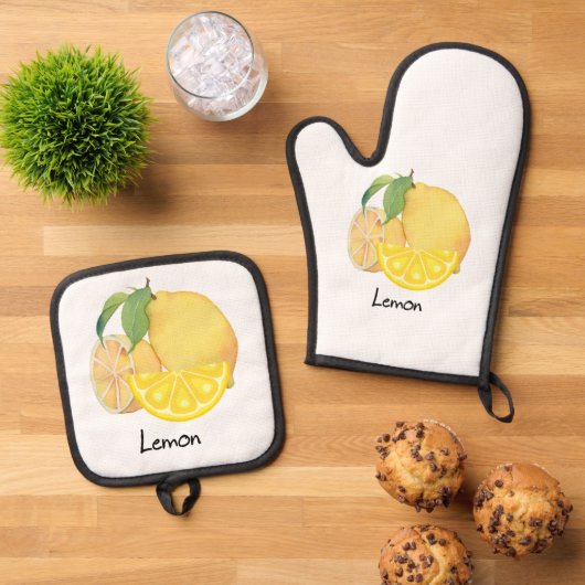 Oven mitt and pot holder set in a refreshing lemon (Top down)
