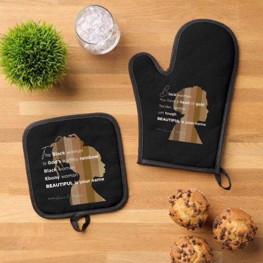 Oven Mitt and Pot Holders " Ebony Woman" Ovenwant & Pannenlap Set (Top down)