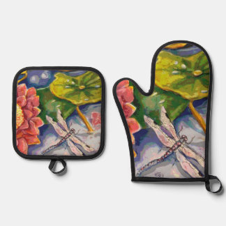 Oven Mitt en Pot Houders - Dragonfly & Waterlelie Ovenwant & Pannenlap Set