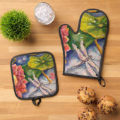Oven Mitt en Pot Houders - Dragonfly & Waterlelie Ovenwant & Pannenlap Set (Top down)