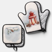 Oven Mitt en Pot Houders rode lantaarn Ovenwant & Pannenlap Set (Voorkant / Achterkant)