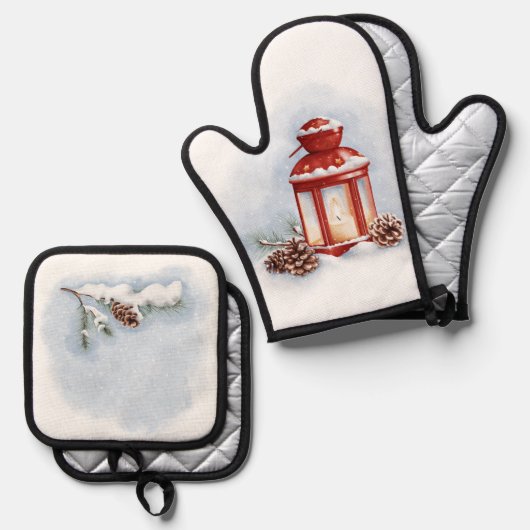 Oven Mitt en Pot Houders rode lantaarn Ovenwant & Pannenlap Set (Voorkant / Achterkant)