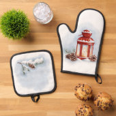 Oven Mitt en Pot Houders rode lantaarn Ovenwant & Pannenlap Set (Top down)