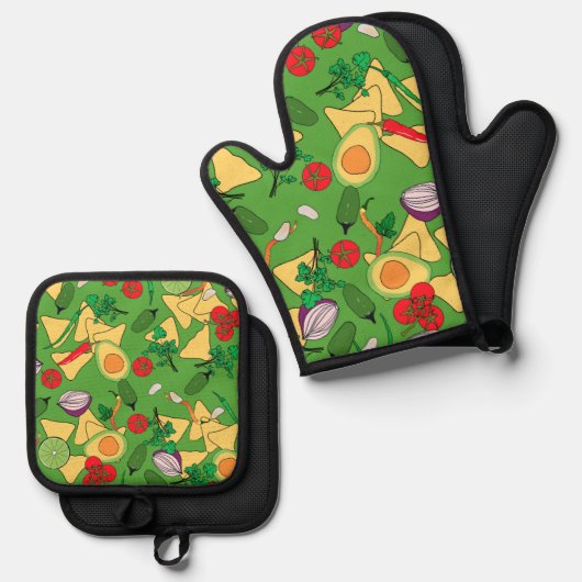 Oven Mitt en Pot Houders Salsa Time Ovenwant & Pannenlap Set (Voorkant / Achterkant)