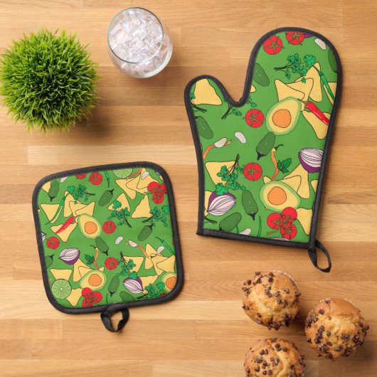 Oven Mitt en Pot Houders Salsa Time Ovenwant & Pannenlap Set (Top down)