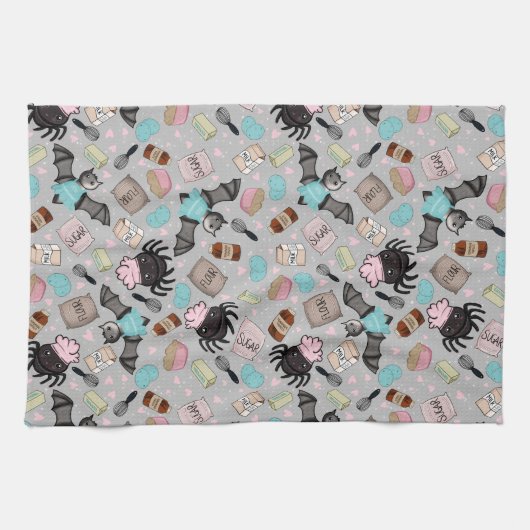 Oven Mitt-Halloween Baking Besties-Grijs Theedoek (Horizontaal)